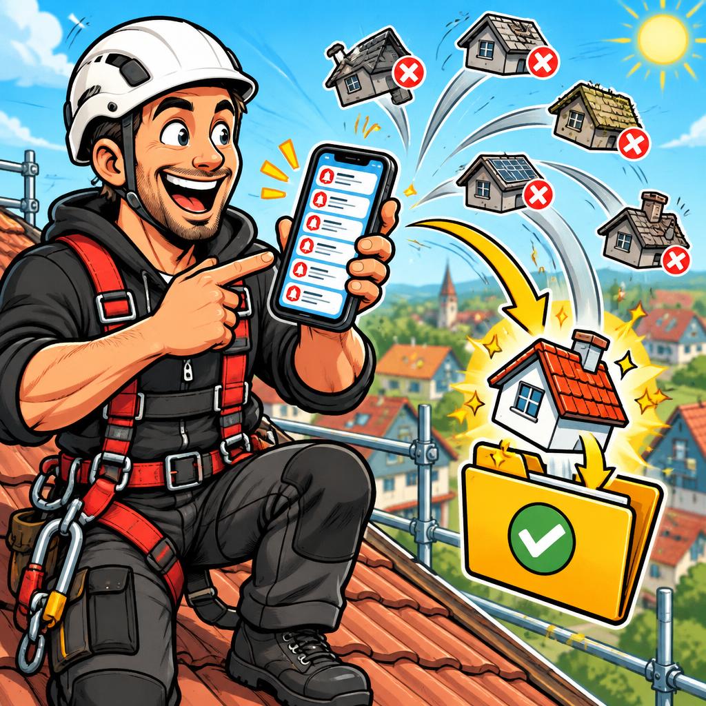 Comic-Illustration eines Dachdeckers, der passende Anfragen auf dem Smartphone sortiert